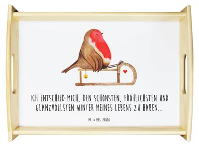 Produktbild von Mr. & Mrs. Panda Tablett Rotkehlchen Schlitten - Weiß - Geschenk, Vogel, Serviertablett, Weihnachten, Holztablett, aus holz, sofatablett, Deko