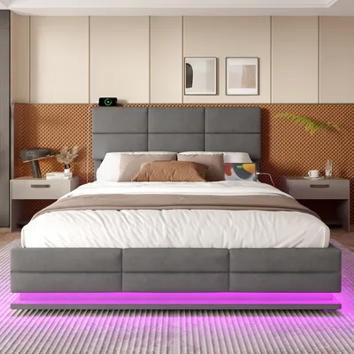 Produktbild von okwish Polsterbett 140x200 Doppelbett mit höhenverstellbarem Kopfteil und LED,USB-Anschlüssen,Jugendbett mit Bettkasten,Bettgestell Grau,ohne Matratze