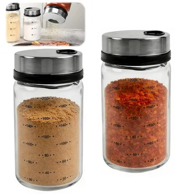 Immagine prodotto di Set di 2 contenitori per spezie, capacità 200 ml, in vetro borosilicato con coperchio a rotazione