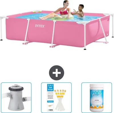 Produktbild von Rechteckiges Schwimmbeckenrahmen - 220 x 150 x 60 cm - Rosa - Mit Schwimmbeckenfilterpumpe - Testreifen - Chlor