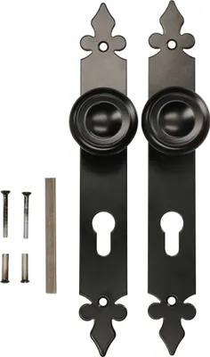A set of black door handles and related hardware laid out on a white background.