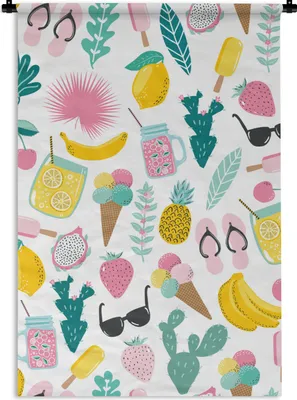 Produktbild von MuchoWow® Wandteppich Wandbehang Sommer - Symbole - Weiß 90x135 cm Tapisserie Dekoration Wandtuch - Baumwolle - Wandskulptur