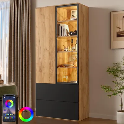 Obrázek produktu pro Skleněné vitríny s LED osvětlením, vitrínová skříň 70x35x160 cm. Moderní skříň do obývacího pokoje se skleněnými dvířky a dvěma zásuvkami, bílá barva