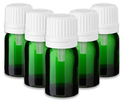 Produktbild von 5x Grüne Glasflasche 5 ml mit weißem Tropfer – leere Tropfflasche Set