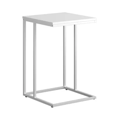A white side table with a metal frame is shown against a white background.