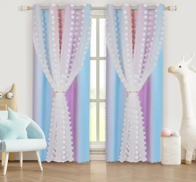 Produktbild von 2 Stück Fertiggardinen 132x213cm Kindervorhang Ösen Gardinen mit PomPom Doppelschichtige Kinderzimmer Vorhänge，Baby Gardinen，Lila-Blau