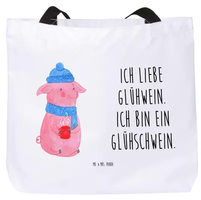 Produktbild von Mr. & Mrs. Panda Strandtasche Schwein Glühwein - Weiß - Geschenk, Glühschwein, Reisetasche, Weihnachtsmarkt, Tasche, Tote Bag, Schultasche, Punsch, Wintermotiv