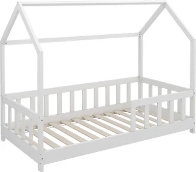 A white house-shaped bed frame with a slatted base, shown from a side-front angle against a white background.