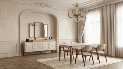 Immagine prodotto di Sedia da pranzo moderna, beige, elegante, con braccioli, in legno e imbottita