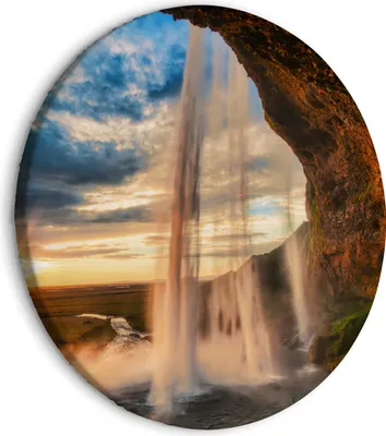 Produktbild von Runde Bilder 80x80 cm Wasserfall Leinwandbild 1 tlg Kunstdruck modern Wandbilder XXL Wanddekoration Design Wand Bild Kaskade Sonnenuntergang Landschaft Natur c-B-10004-bc-a