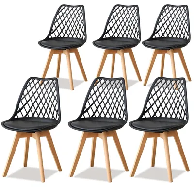 Zdjęcie produktu dla Skandynawskie krzesła do jadalni - zestaw 6 sztuk - siedzisko z tworzywa sztucznego - nogi drewniane - nowoczesny skandynawski design - kolor czarny