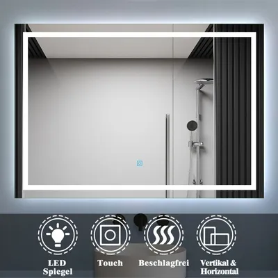 Produktbild von Badspiegel mit Beleuchtung 100x70cm Badezimmerspiegel Kaltweiß Wandspiegel mit Touch-schalter Beschlagfrei IP44 Palmer-Serie