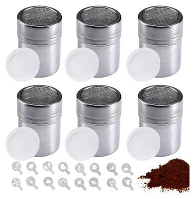 Produktbild von 6 Stück Puderzuckerstreuer: Kakaostreuer für Cappuccino mit 16 Latte-Art-Formen, Edelstahl Mehlstreuer mit Deckel, für Puderzucker, Zucker, Salz, Kakao