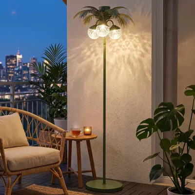 Productafbeelding van ELBLIGHT LED zonne-energie palmstandlamp, buitenverlichting, LED-tuinlamp met schemersensor, warm wit (3000K), IP44, weerbestendig, geschikt voor balkon, terras en tuin. Zonne-energie lamp