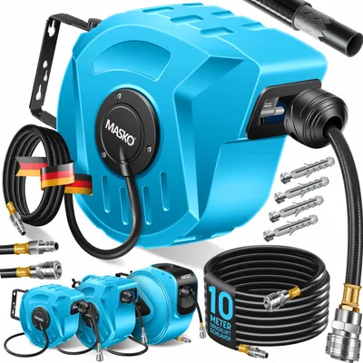 Produktbild von MASKO® Automatik Druckluftschlauch Aufroller – Schlauchtrommel mit 1/4" Anschluss, Schlauchaufroller, Wandhalterung, Tragegriff, 180° schwenkbar, Schlauchbremse, vormontiert & sofort einsatzbereit