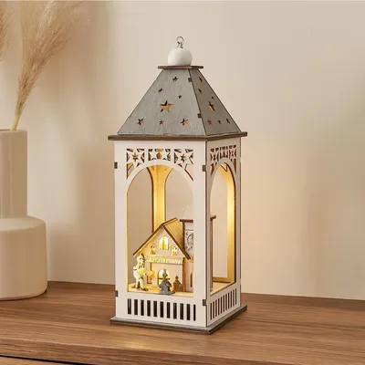 Produktbild von LED Holzlaterne mit Kirche und Figuren Weihnachtsdeko mit 8 LEDs
