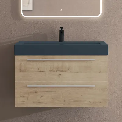 Immagine prodotto di doporro Mobile Bagno Sospeso90cm, Mobile da Bagno con Lavabo in Antracite Opaco, Rovere chiaro, Seria Quadratto