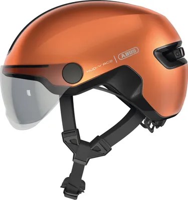 Produktbild von ABUS Stadthelm HUD-Y ACE - stylischer Fahrradhelm mit Visier und magnetischem, aufladbarem LED-Rücklicht - für Damen und Herren - Orange, Größe M (54-58 cm)