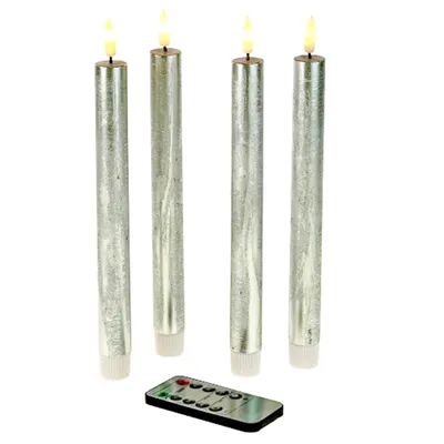 Produktbild von S/4 tlg. LED Stabkerze, Echtwachs/Kunststoff/LED, H. 24,5 cm, m. Fernbedienung (inkl. CR2025 Batterie), 4 Timerfunktionen, dimmbarm 2 Leuchtmodi, batteriebetrieben: 2xAAA (nicht enthalten), Farbe:silber