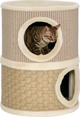 A cat is peeking out of a circular opening in a two-tiered cat scratching post.