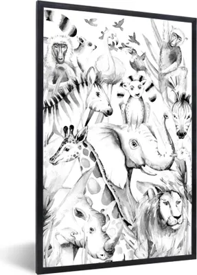 Produktbild von MuchoWow® Gerahmtes Poster Aquarelle - Tiere - Dschungel - Pastell - Jungen - Mädchen - Kinder - Kinder 60x90 cm - Poster mit Schwarzem Bilderrahmen Wandposter Rahmen Foto Bilder - Kunst