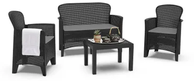 Produktbild von Outdoor-Lounge-Set Dlinett, Gartengarnitur mit 2 Sesseln, 1 Sofa und 1 Couchtisch, Sitzecke in Rattan-Optik mit Kissen, 100 %  Italy, Anthrazit