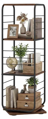 Immagine prodotto di KOMFOTTEU Libreria, ruotabile a 360 gradi, scaffale angolare a 4 ripiani, salvaspazio, struttura in metallo, per ufficio, studio, soggiorno, 40 x 40 x 115 cm (nero e industriale)