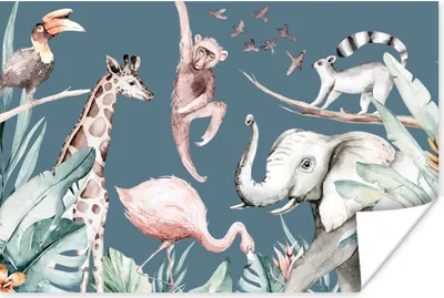 Produktbild von MuchoWow® Poster Aquarell - Tiere - Dschungel - Affe - Jungen - Blau - Kinder - Kinder 180x120 cm - Fotoplakat