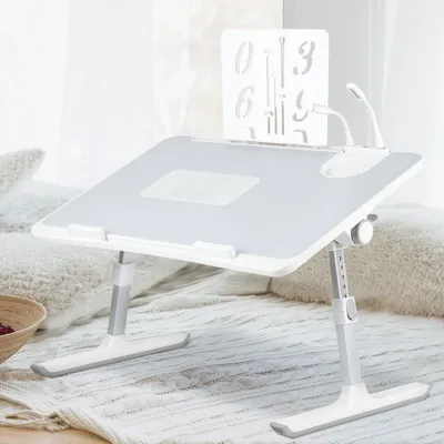 Produktbild von Laptoptisch,Laptop Betttisch Klappbar, Notebook Tisch mit 2 USB Ladeanschluss,Licht und Ventilator,Schlitz,Tablet-Ständer 60x40x26-39cm Grau