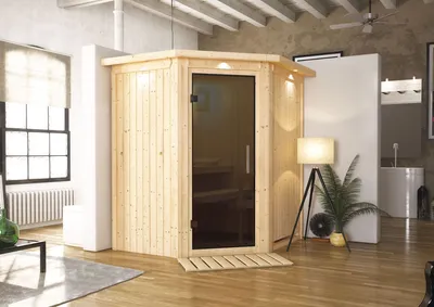 Produktbild von Karibu Sauna Innensauna Tonja Eckeinstieg Ofen 3,6 kW intgr. Strg 184x165x202 cm mit Dachkranz  mit Graphittür