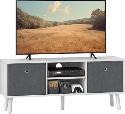 Image de Meuble TV bas - Meuble TV - 2 tiroirs - 2 compartiments - 110 x 29 x 46,5 cm - Bois - Style moderne - Blanc/gris