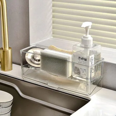Produktbild von Edelstahl Spülbecken-Organizer transparent mit Ablaufwanne und Bürstenhalter
