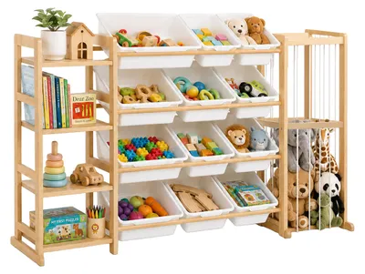 Immagine prodotto di Scaffale per bambini Relaxdays, 12 scomparti, 4 ripiani, scaffale per peluche, A x L x P 80 x 150 x 30 cm, scaffale per giocattoli, legno, naturale