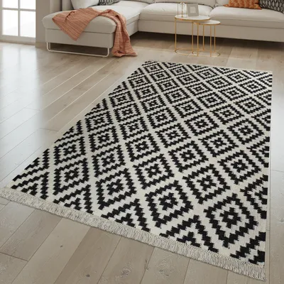 Produktbild von TT Home Handgewebter Fransen Trend Teppich Moderne Marokkanische Muster Schwarz Weiß Größe 120x170 cm