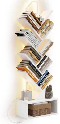 Image de Étagère bibliothèque en forme d'arbre avec éclairage LED, 8 niveaux, blanche, en bois