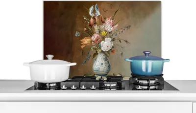 Produktbild von KitchenYeah®  Spritzschutz Küche - Küchenrückwand - Wandschutz für Herd und Spüle - Alte Meister - Blumen - Balthasar van der Ast 70x50 - Alu-Dibond (Alternative zum Spritzschutz aus Glas) - Hitzebest