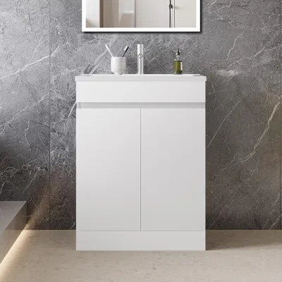 Produktbild von 60cm Badmöbel-Set Standschrank dünn Keramik waschtisch mit Unterschrank Badezimmerschrank mit Tür soft-close Weiß Matt Selbstmontierter