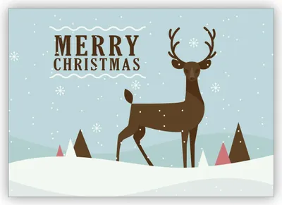 Produktbild von 4x Elegante englische Retro Weihnachtskarte mit Hirsch in Schnee Landschaft: Merry Christmas