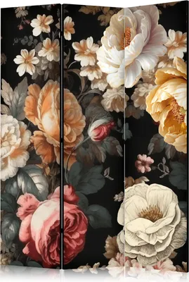 Immagine prodotto di 3-teiliger Einseitiger Vlies Paravent - Fiori in stile vintage - una moltitudine di fiori colorati su sfondo nero 135x172 cm Blumen b-H-10017-z-a