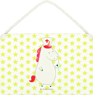 Produktbild von Mr. & Mrs. Panda Schild Einhorn Krankenschwester DIN A4 - Weiß - Geschenk, Krankenpflegerin, Deko Wandbild, Unicorn, kleine aufmerksamkeit, Holz, Krankenpfleger, Ärztin