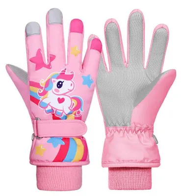 Immagine prodotto di Guanti da sci invernali per bambini, impermeabili, caldi, con motivo unicorno, rosa, taglie da 2 a 9 anni