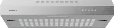A stainless steel range hood is shown against a white background.
