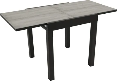 A table with a gray ceramic-look top and black legs, shown from a slightly elevated angle against a white background.