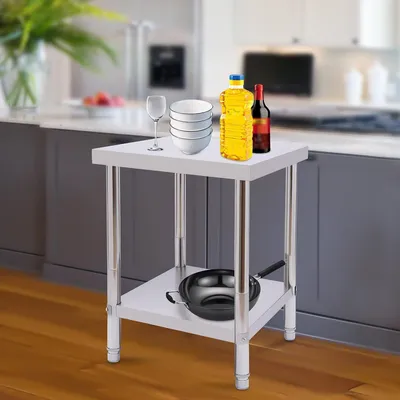 Image de Table de travail en acier inoxydable, table en acier inoxydable avec roulettes et étagère inférieure, idéale pour les restaurants, équipée de 4 pieds réglables