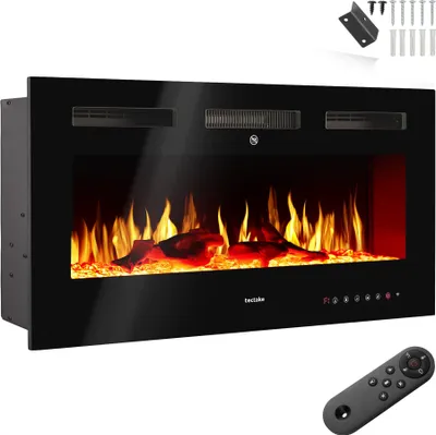 A product image of an electric fireplace with a remote control and mounting hardware.
