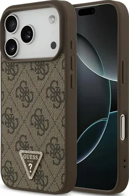 Obrázok produktu pre Kožené puzdro Guess 4G s trojuholníkovým dizajnom a trblietkami, kompatibilné s iPhone 17 Pro, hnedé (GUHMP17LP4TDPLW)