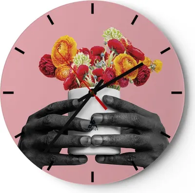 Produktbild von Wanduhr - Rund - Glasuhr - Schwarz Hände Blumen - 40x40cm - Schleichendes Uhrwerk - Lautlos - zum Aufhängen bereit - Dekoration Modern - Wanddekoration aus Glas - C3AR40x40-4706