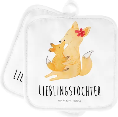 Produktbild von Mr. & Mrs. Panda Topflappen Fuchs Mama - Weiß - Geschenk, topfhalter, Schoß, Tochter, Topfuntersetzer, Set, Mutter, 2er, Muttertag, Kochlappen