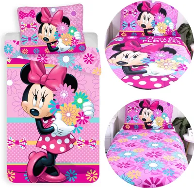 Produktbild von DISNEY Minnie Mouse Rosa, BEIDSEITIG, Kinder Bettwäsche Blumenmuster, Reißverschluss, 100% BAUMWOLLE 140x200+60x80 cm