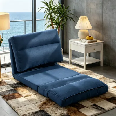 Obrázok produktu pre Tmavomodré, nastaviteľné, podlahové relaxačné kreslo s rozmerami 70x72x56 cm, ktoré sa dá premeniť na ležadlo s nastavením sklopenia od 90° do 180°, vyrobené z mäkkej látky